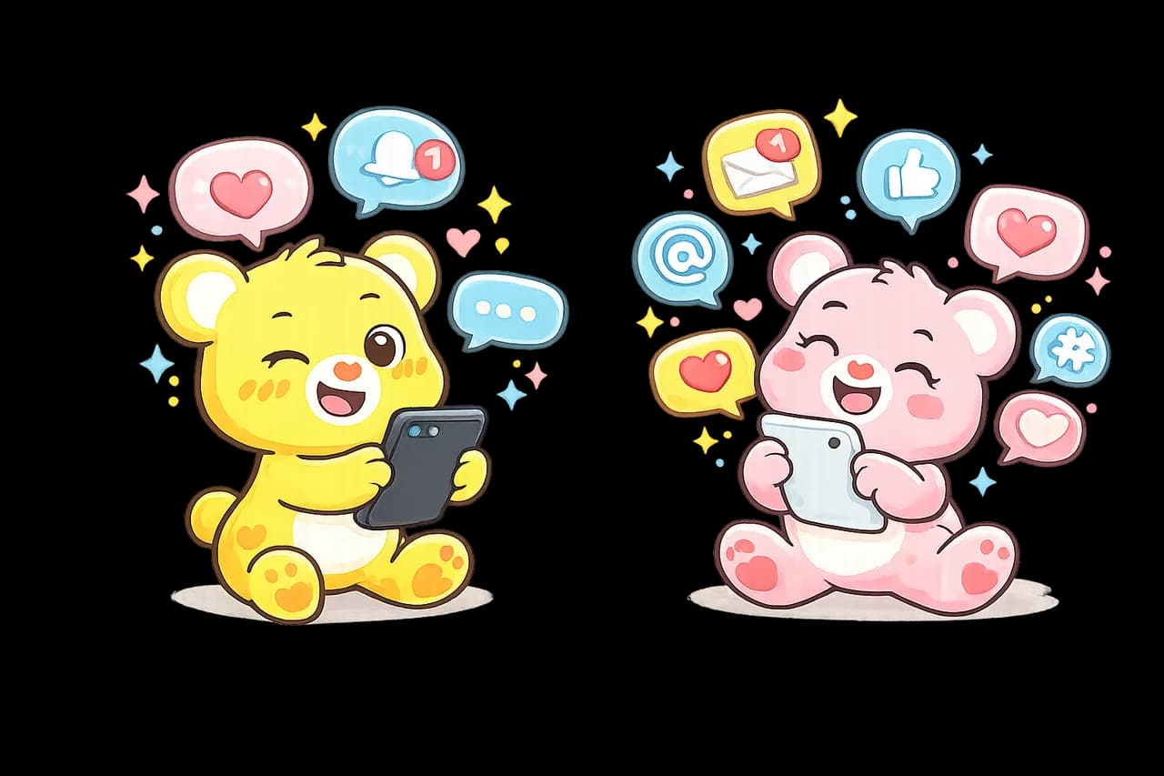 Deux oursons échangent des messages sur leurs téléphones